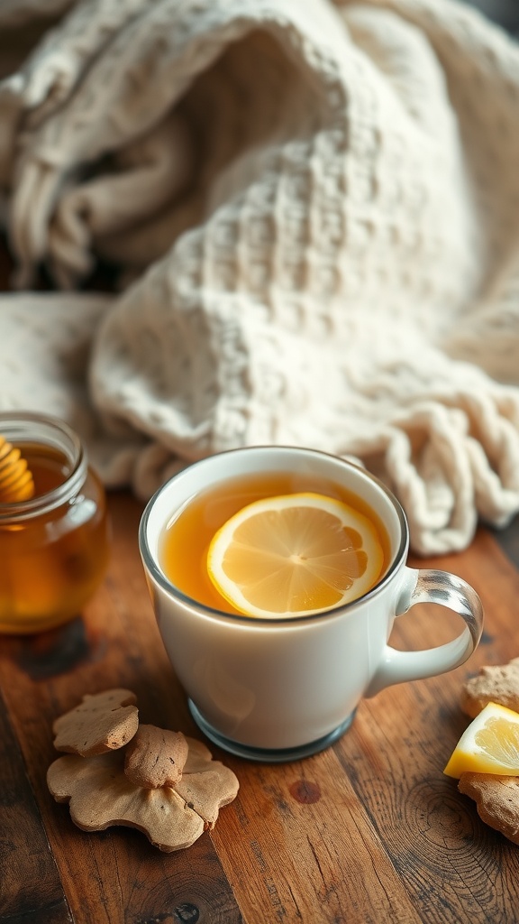 A cup of honey ginger tea with fresh ginger and lemon on a wooden table, alongside a honey jar.